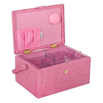Hobby Gift Medium Sewing Box Organiser, Fabric Covered Storage Box with Handle, Internal Tray, Pin Cushion and Pocket for Sewing, Quilting and Knitting Supplies - color: Cherries