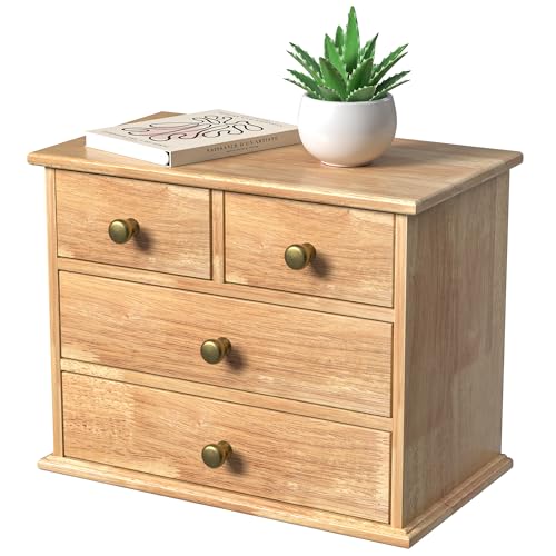 Oak Desk Organizer with Drawers, Wooden Desktop Storage Box with Metal Handles & Non-Slip Silicone Pads, 4 Drawer Tabletop Organizer for Office, Bedroom, Bathroom, Vanity, Makeup – Light Burnt Brown - color: Light Burnt Brown, size: 4 Drawers