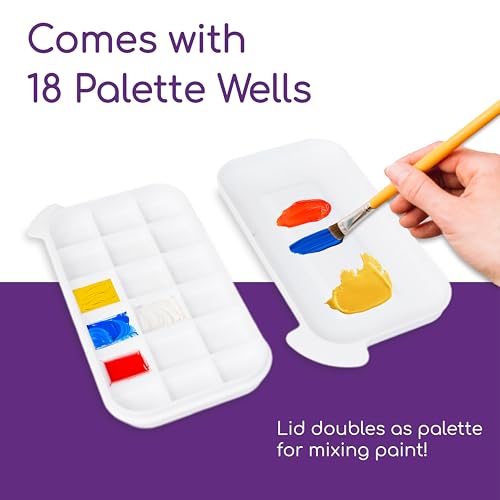Paint Brush Organizer Kit - Portable Cleaner & Holder with Lid, 18-Well Palette, Multi-Use Rinse Cup for Acrylic, Watercolor, Water-Based Paints - White Plastic Utility Tray
