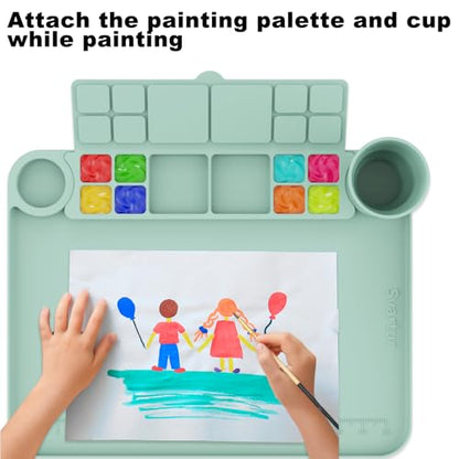 Svartur Silicone Painting Mat with Cup and Palette Detachable, 17"X13" Thick Silicone Craft Mat with Raised Edge for Artist, Painting Station Creator Mat, Green - color: Green