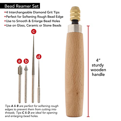 The Beadsmith Diamond Reamer Set – 4 Interchangeable Tips, Wood Handle, Storage Tube for Bits - Use on Glass, Ceramic or Stone – Tools for Opening & Enlarging Holes & Softening & Smoothing Rough Edges
