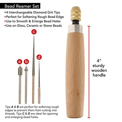 The Beadsmith Diamond Reamer Set – 4 Interchangeable Tips, Wood Handle, Storage Tube for Bits - Use on Glass, Ceramic or Stone – Tools for Opening & Enlarging Holes & Softening & Smoothing Rough Edges
