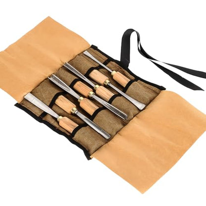 7-Pieces Woodworking Wood Carving Tools Chisel Set with Canvas Bag, Gouges and Carving Chisel Set, Razor Sharp CR-V 60 Steel Blades - size: 7-Pieces with Ash Handle