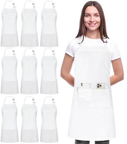 Utopia Kitchen 10 Pack Bib Apron Adjustable with 2 Pockets, Water and Oil Resistant, Cooking Kitchen Chef Apron for Women Men - color: White