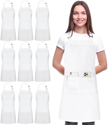 Utopia Kitchen 10 Pack Bib Apron Adjustable with 2 Pockets, Water and Oil Resistant, Cooking Kitchen Chef Apron for Women Men - color: White