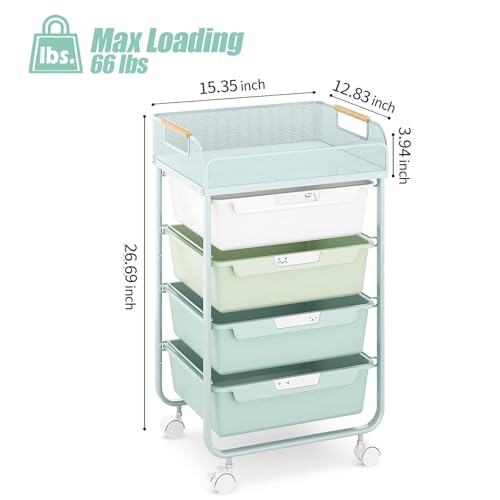 SYKIARIOL 4-Drawer Rolling Storage Cart with Mesh Top, Utility Craft Organizer Cart on Wheels with DIY Labels, Rolling Drawer Cart for Home Office Classroom Bedroom, Green - color: Green