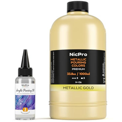 Nicpro Gold Metallic Acrylic Pour Paint, 33.8 Ounce Pre-Mixed Pouring Paint Supplies with Silicone Pour Oil & Gloves for Canvas, Rock, Wood Cell Creation Flow DIY Art Painting, Ready to Pour - color: 33.8oz-gold