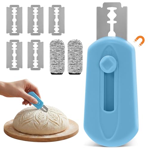 Bread Lame Dough Scoring Tool Set, Professional Sourdough Scoring Tool & Bread Scorer with 5 Razor Blades, Finger Protectors Bread Razor for Artisan Baking Blue