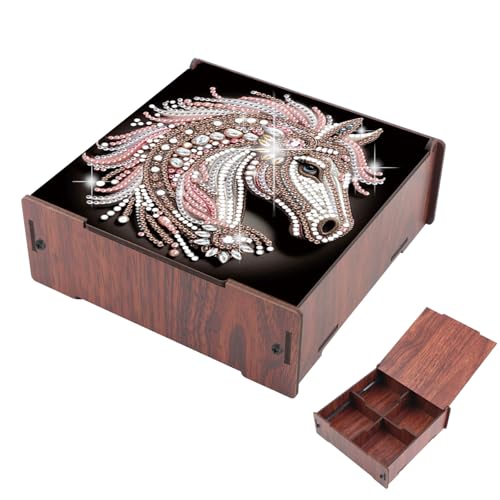 DIY Diamond Art Storage Box with Flip-Top Lid, Glittering Horse Head Design Wooden Diamond Painting Organizer with 4 Divided Compartments, Portable Desktop Craft Storage for Accessories Supplies - color: Horse
