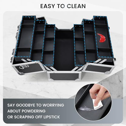 FRENESSA Makeup Train Case Makeup Case 12.6 Inch Large Cosmetic Box Organizer Travel Storage Professional Make Up Train Carrying Case with 6 Trays Locking Shoulder Strap Hard Vanity Storage Black - color: Black