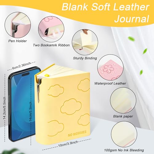Thick Blank Journal Notebook 400 page With Pen Holder 100gsm Thick Blank Paper，A6 Unlined Plain Sketchbook ， Small Soft Leather Unlined Pocket Blank Notebook For Women Drawing Book Memo Writing Sketch Travel Diary 3.9 × 5.5 (No Worries) - color: Yellow-No