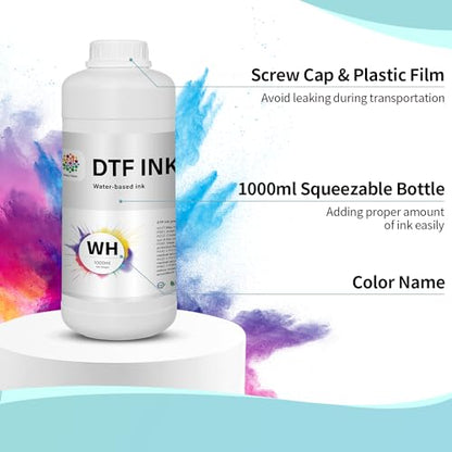 Polytech DTF White Ink 1000ML, Heat Transfer Printing Direct to Film, DTF Transfer Ink for PET Film, High Coverage Refillable DTF Ink for All DTF Printers - size: WH 1000ML