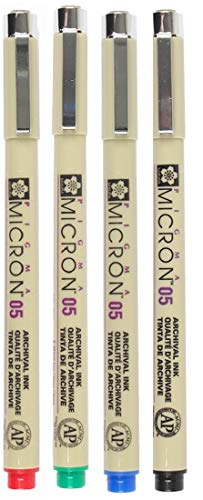 SAKURA PIGMA MICRON, PACK OF 4 ESSENTIAL COLORS, BLACK+RED+BLUE+GREEN, (05) - size: 4 Count (Pack of 1)