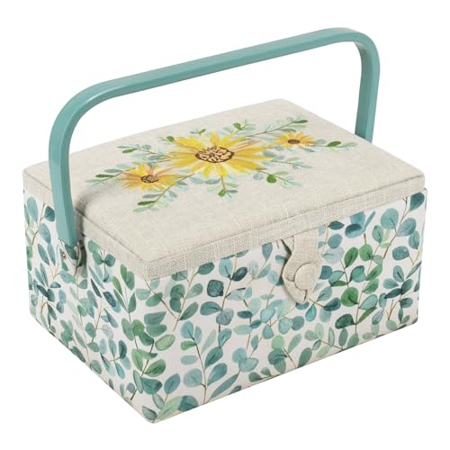 Hobby Gift Medium Sewing Box Organiser, Fabric Covered Storage Box with Handle, Internal Tray, Pin Cushion and Pocket for Sewing, Quilting and Knitting Supplies - color: Eucalyptus
