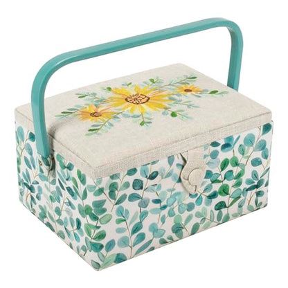 Hobby Gift Medium Sewing Box Organiser, Fabric Covered Storage Box with Handle, Internal Tray, Pin Cushion and Pocket for Sewing, Quilting and Knitting Supplies - color: Eucalyptus