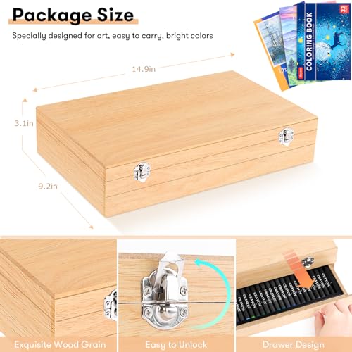 iBayam Art Supplies, 150-Pack Deluxe Wooden Art Set Crafts Drawing Painting Kit with 1 Coloring Book, 2 Sketch Pads, Creative Gift Box for Adults Artist Beginners Kids Girls Boys - color: Natural