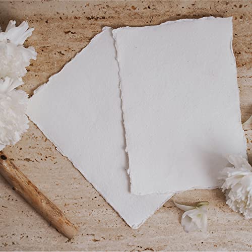 Handmade Off-White Deckle Edge Blank Paper - Mixed Media, Calligraphy, Watercolor, Postcards, Invitations, Crafts, and Announcements - Thick 150 GSM, Pack of 100 Sheets (7" x 5" Off-White) - size: 7" x 5" Off-White