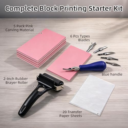 Falling in Art Linocut Kit for Printmaking, Rubber Stamp Carving Printing Kit with Linoleum Blocks and Brayer, Block Printing Supplies for Beginners and Artists - size: 32 Pcs