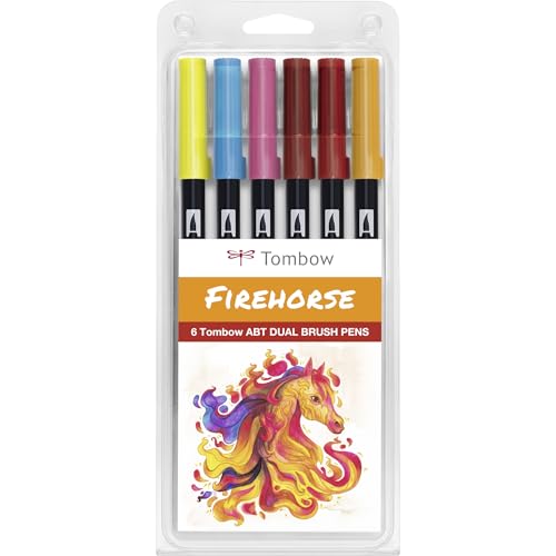 Tombow ABT Dual Brush Pen, Firehorse Edition, Pen with Two Tips, Perfect for Hand Lettering and Bullet Journal, Watersoluble, Set of 6 [ABT-6P-Firehorse]