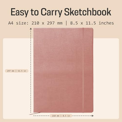 BROWNSTONE JOURNALS A4 Sketch Book Hardcover - 80 Sheets 100 GSM Paper 8.5"x11.5", Lay Flat, Vegan Leather Cover, Elastic Band, Back Pocket, Art Drawing Book (Rose Wood) - color: Rose Wood, size: A4 (8.5" x 11.5")
