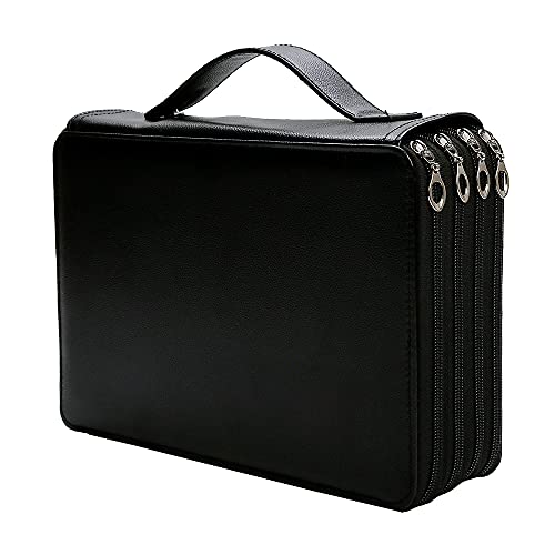 200 Slots Colored Pencil Case Organizer, 4-Layer Large Capacity Pencil Storage Bag with Handle, PU Leather Art Supply Holder with 203 Elastic Slots for Artist - color: Black, size: 200