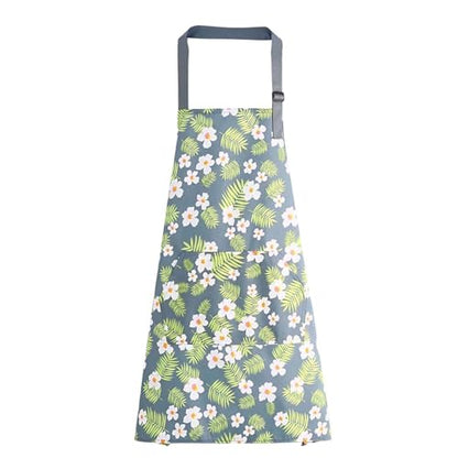 Floral Aprons with Pocket Blooming Women Waterproof Apron Adjustable Neck Long Ties Women Men Cook Baking Garden - color: Green Flowers