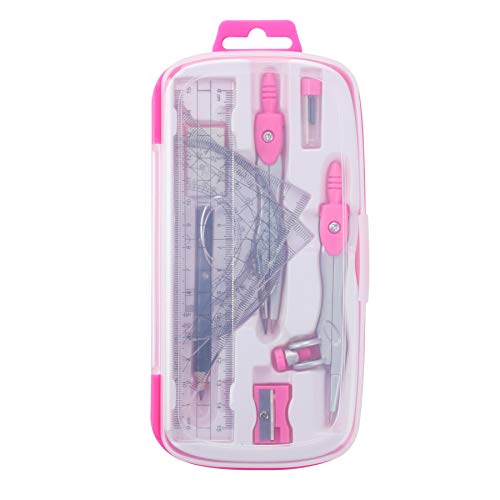 Unjoo Math Geometry Kit Sets 10 Piece Student Supplies with Shatterproof Storage Box,Includes Rulers,Protractor,Compass,Eraser,Pencil Sharpener,Lead Refills,Pencil,for Drafting and Drawings（Pink） - color: Pink