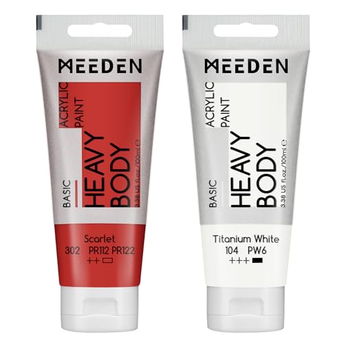 MEEDEN Acrylic Paint Scarlet Red: Bundled with Titanium White Color - 100ml/3.38oz x 2 Bulk Heavy Body Acrylic Paint Tubes for Art Craft Painting - color: Scarlet, size: 2 Tubes