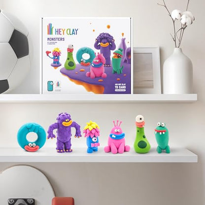 HEY CLAY Set - Colourful Modeling Air Dry Clay Kit for Kids 15 cans and Sculpting Tools with Fun Interactive Instructions App - Children 3+ (Monsters) - style: Monsters