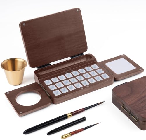 Fuumuui Travel Watercolor Palette 24 Grids Foldable with 2pcs Sable Travel Watercolor Brushes, Portable Walnut Wood Palette Box for Plein Air Painting - color: Wood-classic