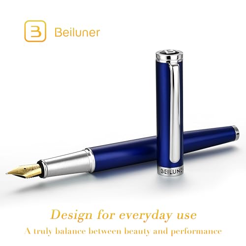 BEILUNER Luxury Fountain Pen Set,Solid 24K Gilded Medium Nib, Modern Classic Limited Edition -Includes 6 Ink Cartridges&Ink Refill Converter with Gift Case-Perfect for Men and Women（Charming blue） - color: Blue, style: Medium Nib