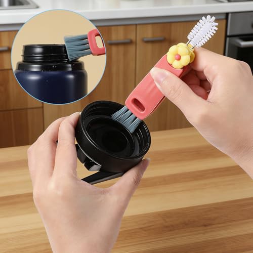 Hecila 3 in 1 Cup Lid Cleaning Brush Cup Lid Cleaning Brush 6PCS Multifunctional Bottle Cleaner Brushes 180° Rotatable Hangable Cups Crevice Cleaner Portable 3 Colors Home Kitchen Crevice Brushes