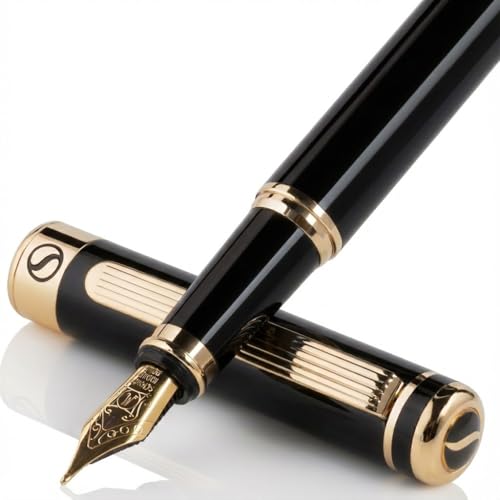 Scriveiner Luxury Fountain Pen - Stunning Black Lacquer Pen, Real Gold Finish, Schmidt Gilded Nib (Medium), Converter, Best Pen Gift Set for Men & Women, Professional, Executive, Office, Nice Pens - color: 1. Black with Gold, style: Medium Nib