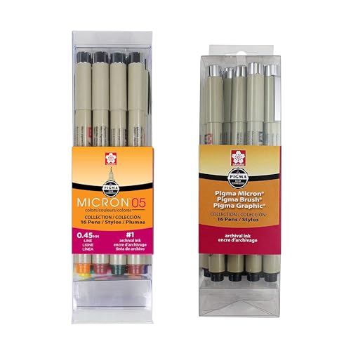 SAKURA Pigma Micron Fineliner Pens - Archival Black & Colored Ink Pens - 05 Point Size - 16 Pack & Archival Black Ink - Assorted Point Sizes - 16 Pack