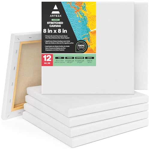 ARTEZA Stretched Canvas, 8 x 8 Inches, Pack of 12, Blank White Square Canvas for Painting for Acrylic, Oil and Gouache Paints - color: White - Classic, size: 8 x 8 (Pack of 12)