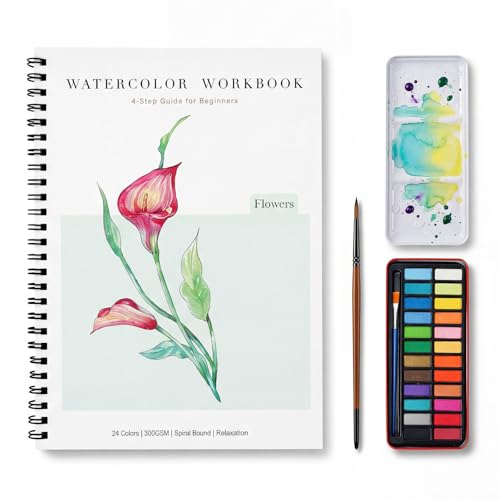 Rurolo Watercolor Workbook for Adults & Beginners - Spiral Bound Kit with 24 Paint Colors, Brushes & 300GSM Paper - Step-by-Step Flower Painting Guide for Stress Relief & Relaxation (6.5x9) - color: Flower