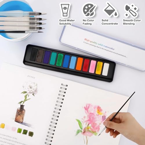 Adult Beginner Art Kit with Coloring Workbook, 12 Color Pigment Paint, Paintbrushes & Brush Washer for Teens Painting