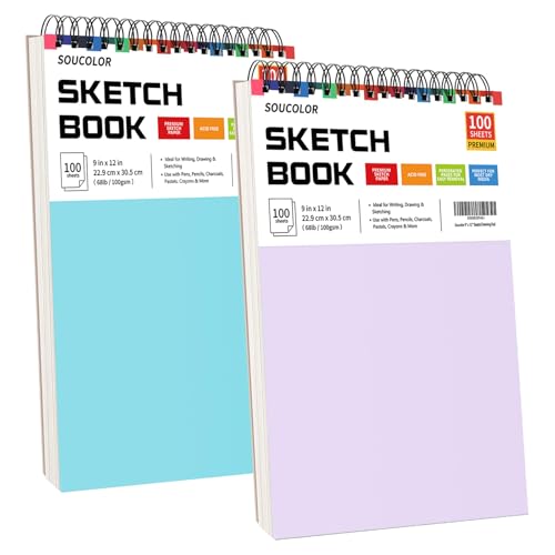 Soucolor 9x12 Sketch Book 2-Pack, 100 Sheets, Acid-Free, Spiral Bound | 68lb acid-free paper, micro-perforated pages, lay-flat spiral binding, great for kids, students& artists. Blue& purple 2-pack - color: Blue&Purple, size: 9" x 12" (Pack of 2)