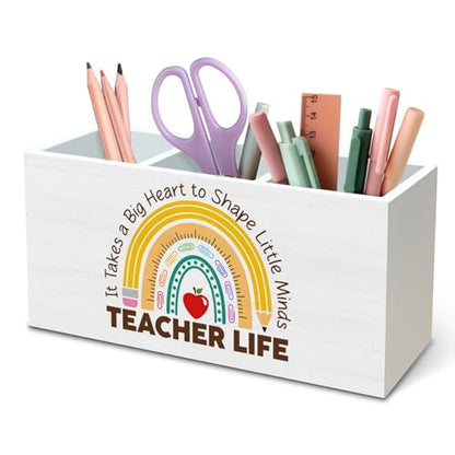 DILSJ Teacher Appreciation Gifts Pencil Holder Organizer for Desk, End of Year Teacher Gifts, It Takes a Big Heart to Shape Little Minds Wooden Box Signs for New Teacher Desk Tabletop School Supplies - color: Rainbow