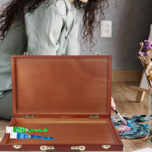 TEHAUX Wooden Painting Box Hand-Held Art Storage Case Portable Drawing Tool Organizer 14.56X9.05X1.77 Inches for Outdoor Artists and Students