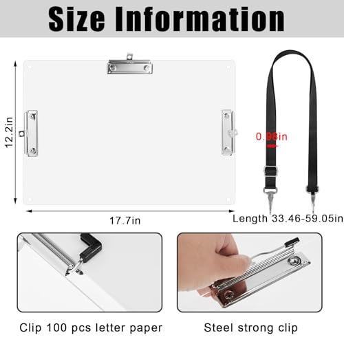 CroBlissful Clipboard with Shoulder Straps A4/Letter 11"×17" Acrylic Clipboard for Moving Working Clear Drawing Portable Board with Clip for Painting Urban Sketching Architects Engineers