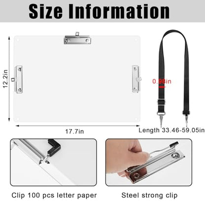CroBlissful Clipboard with Shoulder Straps A4/Letter 11"×17" Acrylic Clipboard for Moving Working Clear Drawing Portable Board with Clip for Painting Urban Sketching Architects Engineers