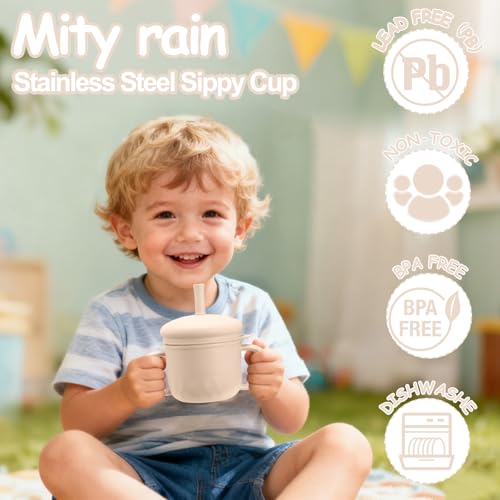 Mity rain 3-In-1 Stainless Steel Sippy Cup for 6+ Month Old, Baby Straw Cups for Toddlers 1-3 with Travel Lid, Silicone Straw, Replacement Straw & Cleaning Brush - 8oz Toddler Cups Spill Proof Set - color: Beige