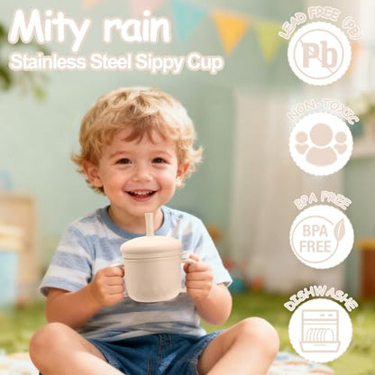 Mity rain 3-In-1 Stainless Steel Sippy Cup for 6+ Month Old, Baby Straw Cups for Toddlers 1-3 with Travel Lid, Silicone Straw, Replacement Straw & Cleaning Brush - 8oz Toddler Cups Spill Proof Set - color: Beige