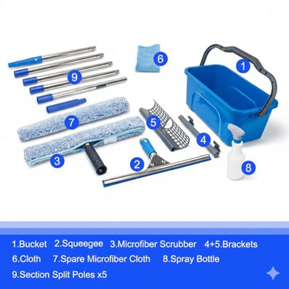Window Cleaning Kit with 6ft Long Handle, 3 Gallon Bucket,14" Squeegee,15" Microfiber Scrubber,Spray Bottle, Cloth,Professional Window Washing Equipment Cleaner Tool for Outdoor Commercial Household