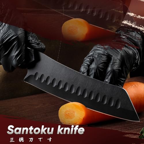 TIVOLI Santoku Knife 7 Inch - Japanese Chef Knife for Fish - Bunka Knives for Meat - Kiritsuke for Vegetables - Black Slicing Knives with Full Tang Handle - Cooking Gifts for Men and Women - size: 7.1"