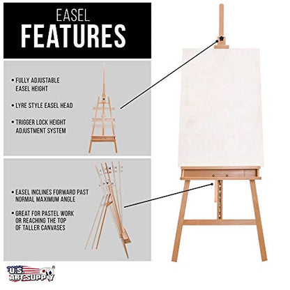 U.S. Art Supply 64" to 89" Sunset Medium A-Frame Wood Easel, Lyre Style Studio Easel - Wooden Artists Floor Stand, Sturdy, Adjustable Height to 48" Canvas - Painting, Drawing, Sign Display