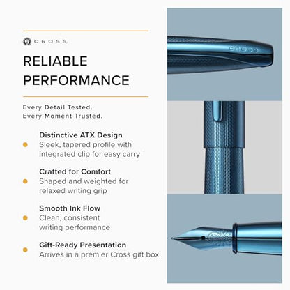 Cross ATX Sandblasted Dark Blue Stainless Steel Fine Nib Fountain Pen - Refillable Pen for Smooth Writing - Black Ink - Comfortable Grip - Long-Lasting - Professional Office Supplies - color: Sandblasted Dark Blue, style: Fine Nib