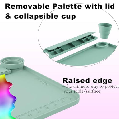 Svartur Silicone Painting Mat with Cup and Palette Detachable, 17"X13" Thick Silicone Craft Mat with Raised Edge for Artist, Painting Station Creator Mat, Pack of 2, Purple & Green - color: Purple & Green