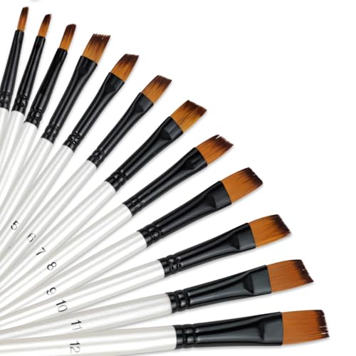 12-Piece Angular Paint Brush Set – Pearl White Nylon Angled Brushes for Watercolor, Acrylic, Gouache, Oil & Craft Painting